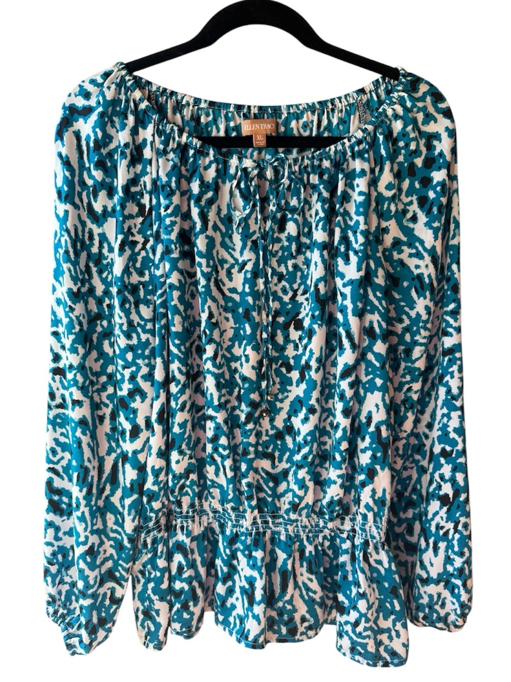 Ellen Tracy Teal and White Printed Top, elastic neck and wrists, silky, XL